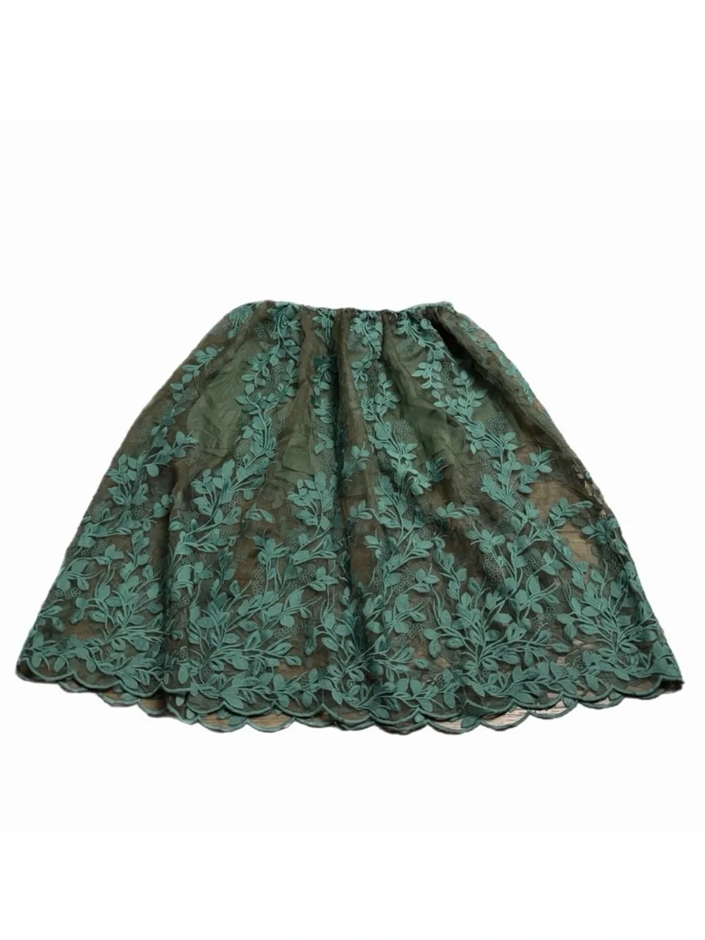 Y2K Vintage Embroidered Floral Foliage Tulle Midi Skirt (Forest Green) L/XL